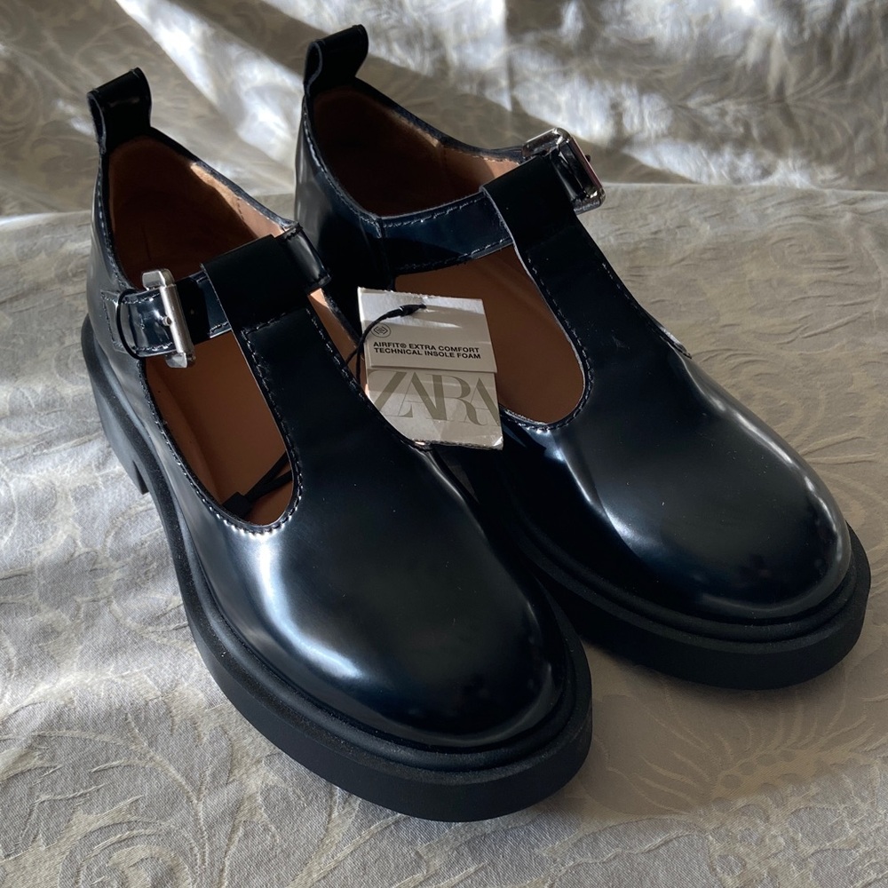 Zara Black Patent T-Strap Platform Mules